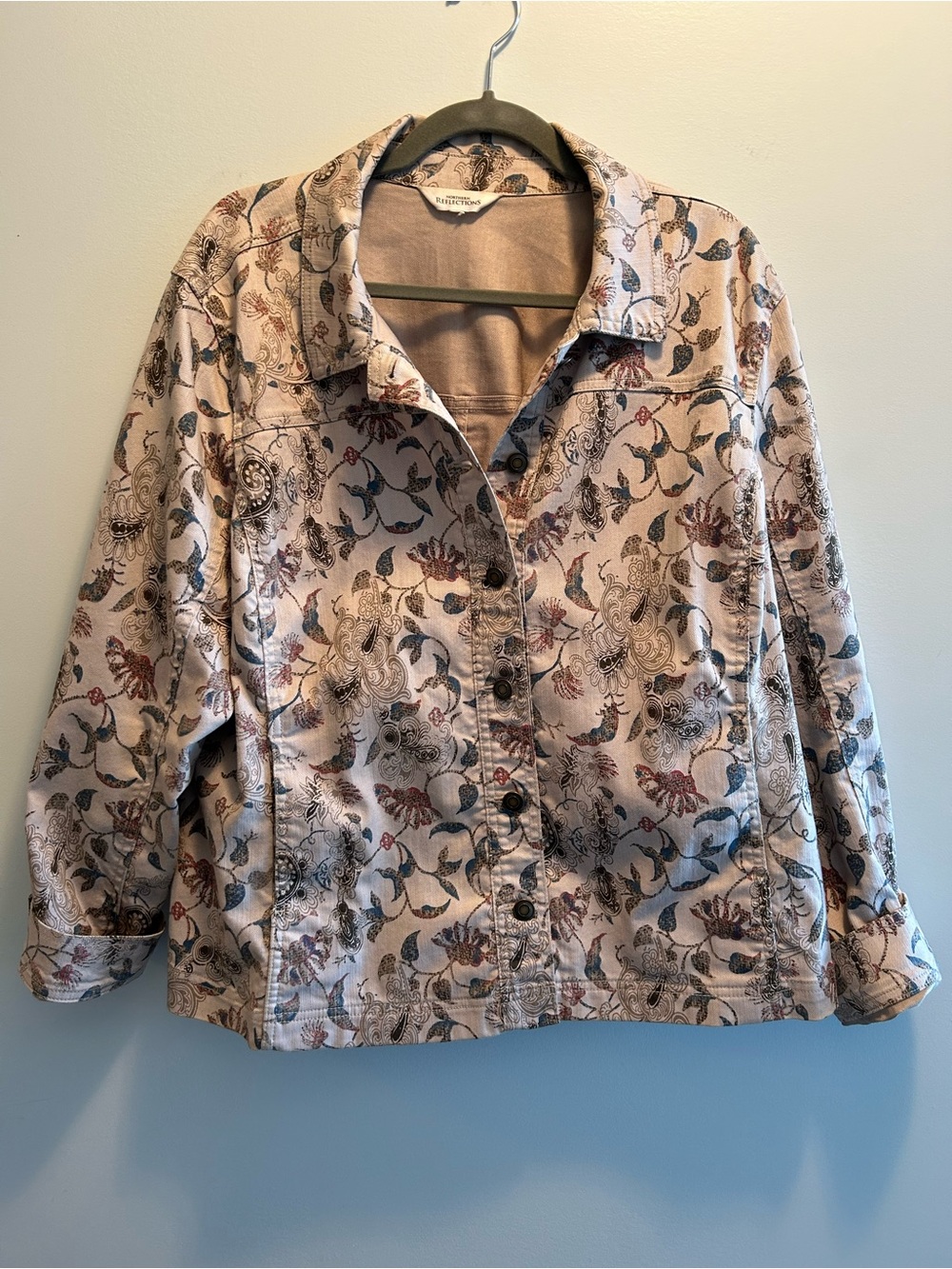 Northern Reflections Floral Print Jean Jacket - Beige with Blue & Brown Accents